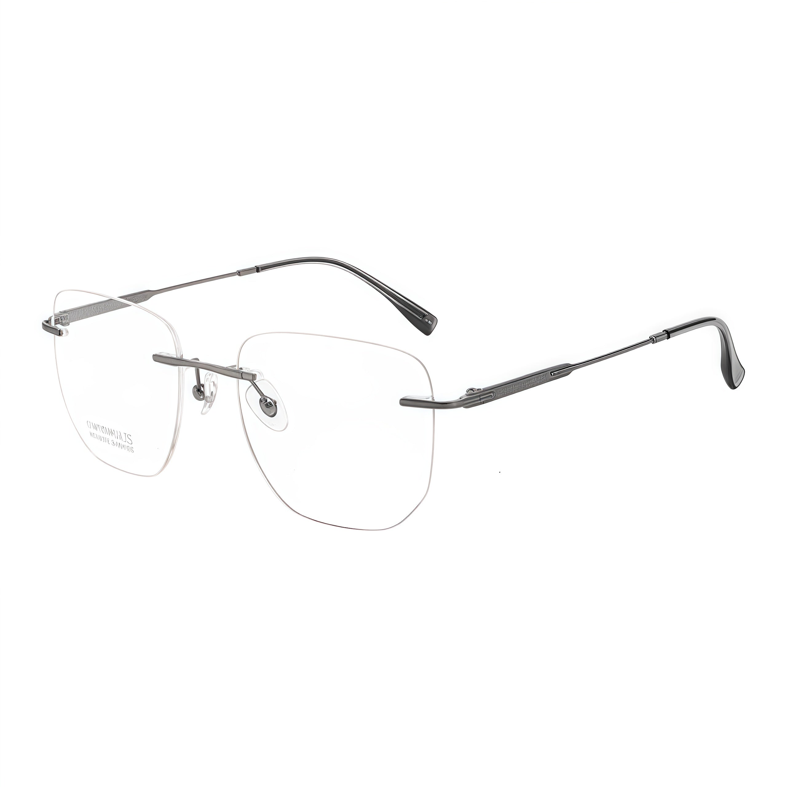 Gunmetal women's titanium rimless softly-square leaf-temple glasses, supplier detail