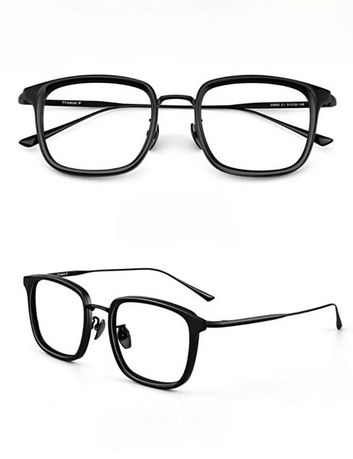 Black titanium and TR square full-rim eyeglass frame, product views