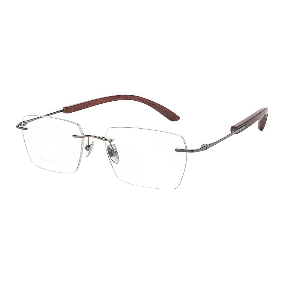 Gunmetal men's vintage rimless rectangular glasses in a 45-degree product view