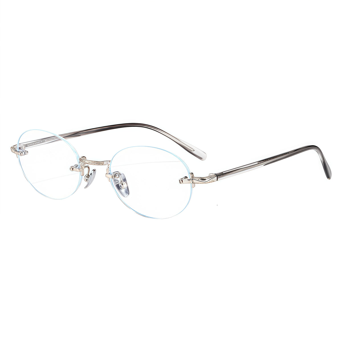 Silver/Grey rimless oval titanium and acetate eyeglass frames, supplier front and angle reference