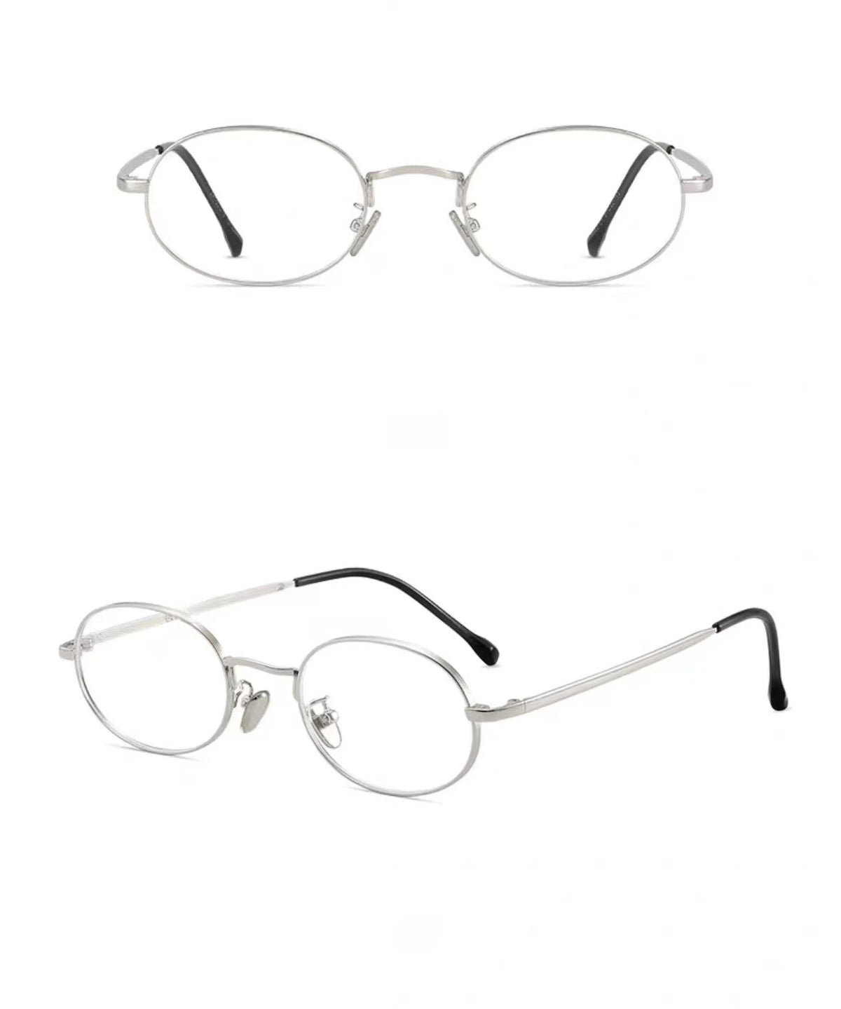 Silver and Black retro oval full-rim glasses, original front and 45-degree views