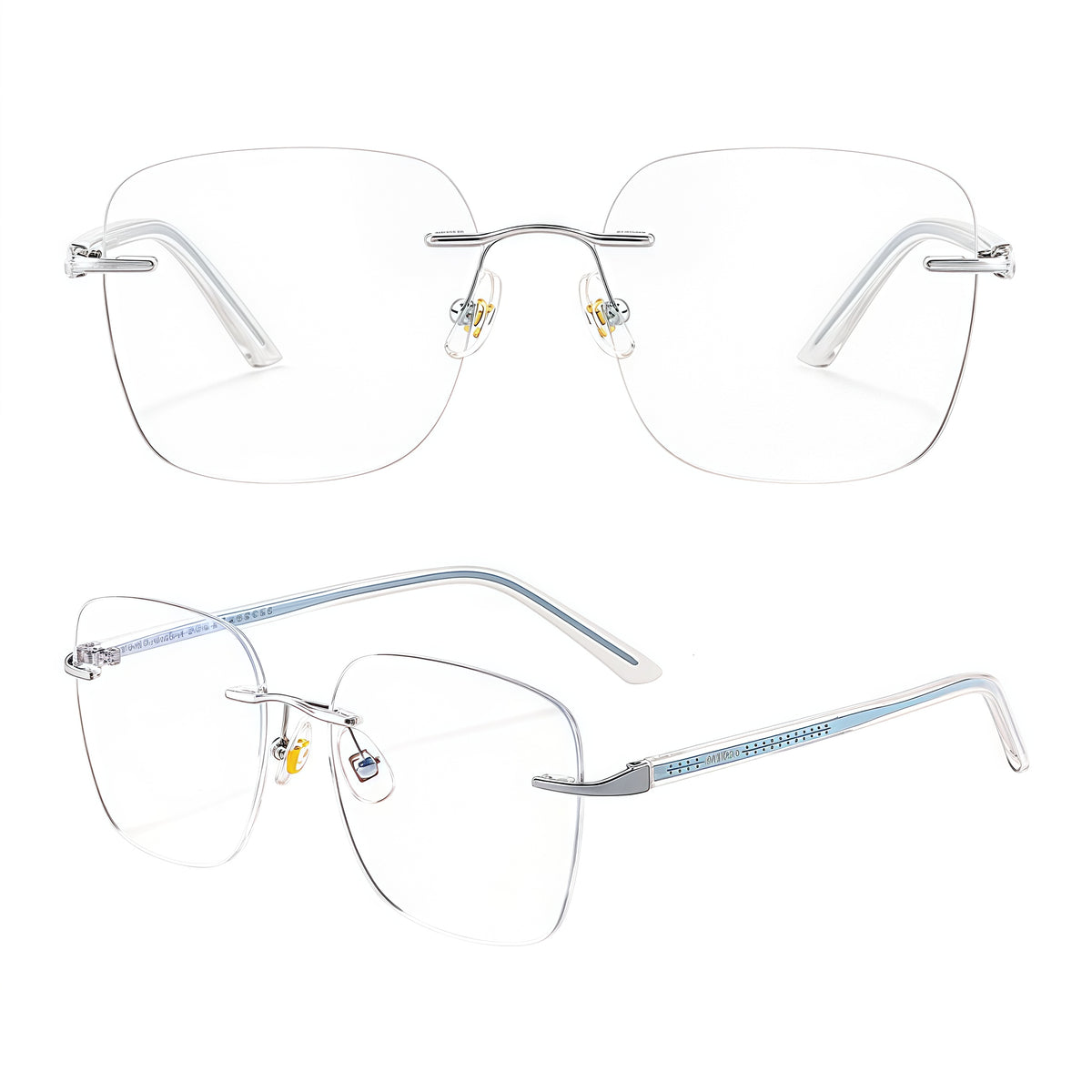 Silver women's alloy geometric cat-eye rimless eyeglass frames, product views