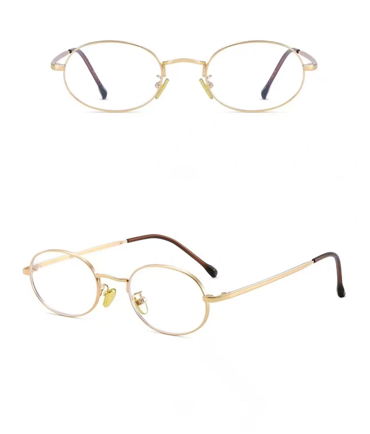 Gold retro oval full-rim glasses, original front and 45-degree views