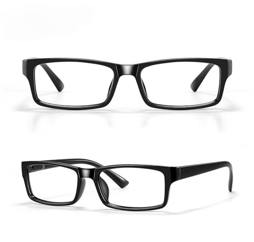 Black TR90 square full-rim glasses, original front and 45-degree product detail