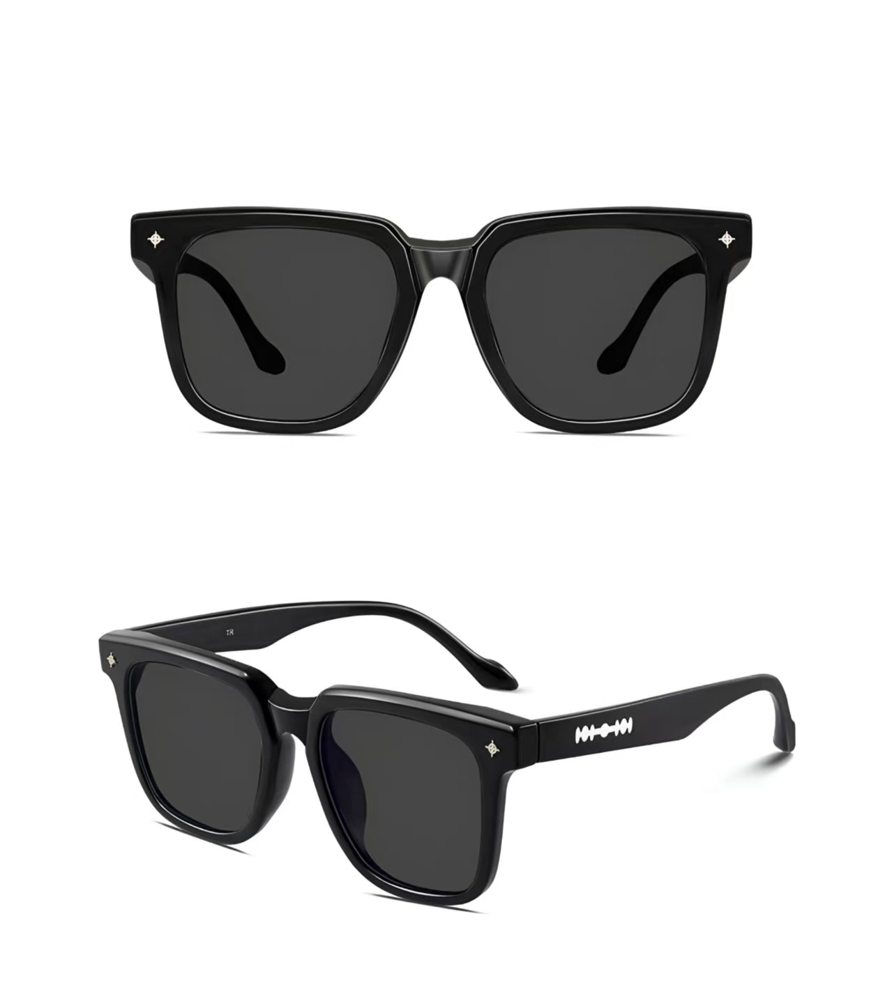 Men’s Black full-rim square sunglasses, front and three-quarter product views