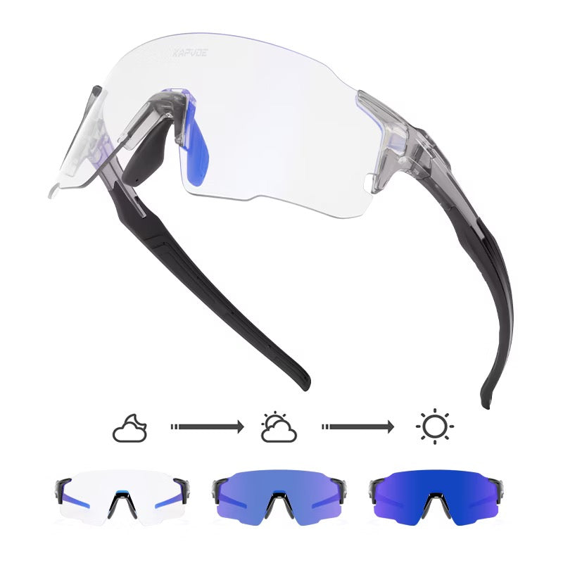 Crystal Black Frame/Photochromic Blue Lens unisex tr90 wraparound shield sunglasses, detail-01 view