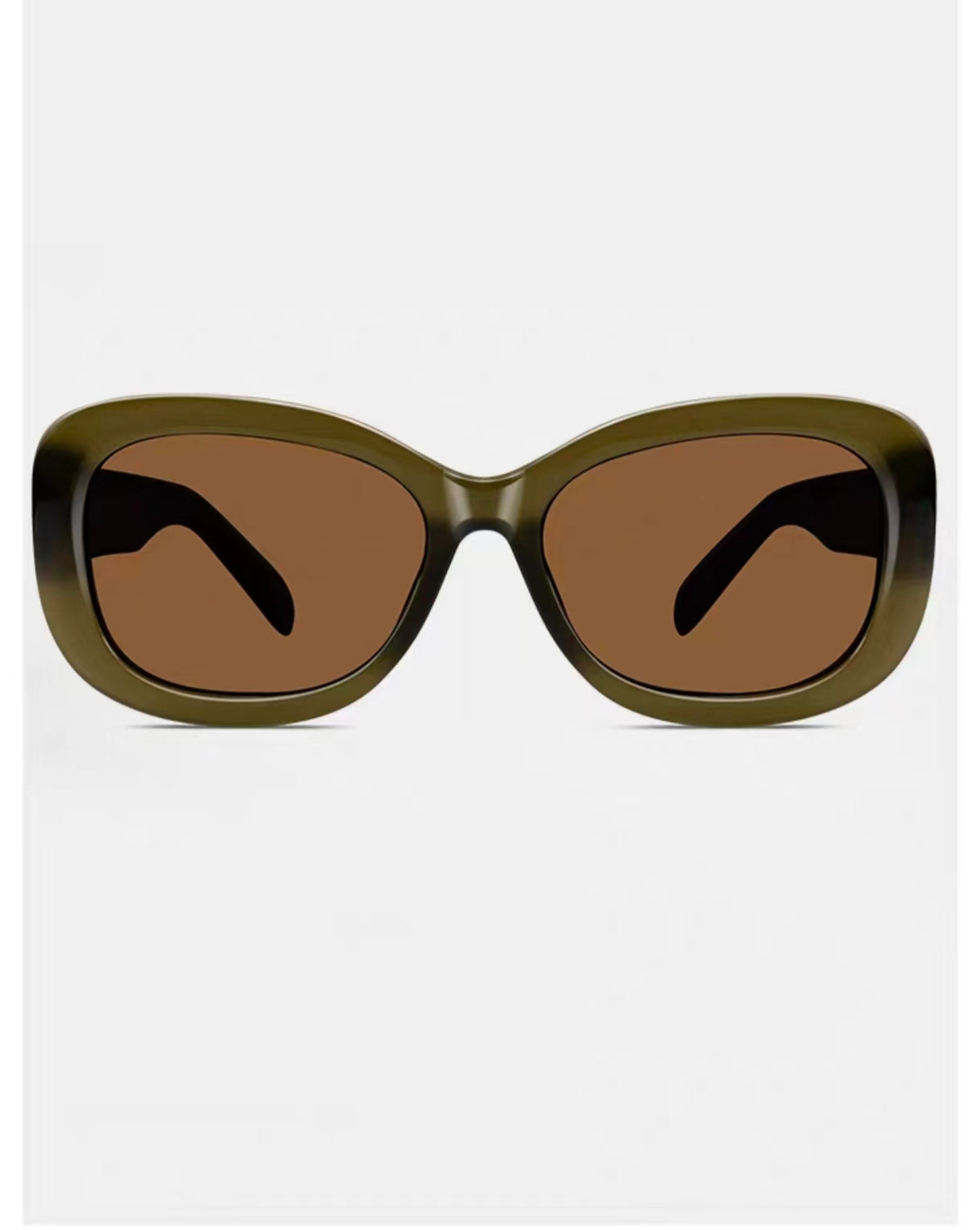 Olive Green full-rim oversized cat-eye tr90 sunglasses, front and three-quarter views