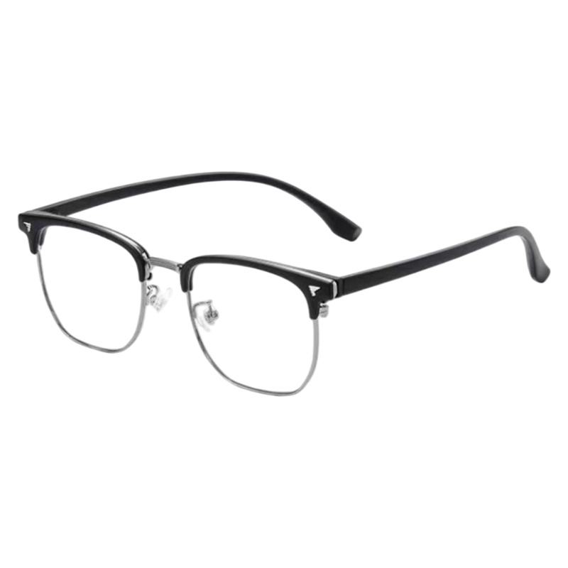 Matte Black and Gunmetal contemporary round-square browline profile semi-rimless eyeglass frame, three-quarter product view