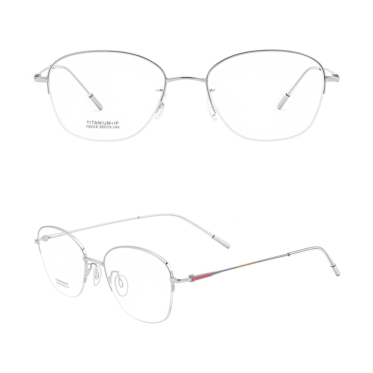 Silver/Pink Blue Green Gradient women's titanium semi-rimless glasses, front and 45-degree composite detail