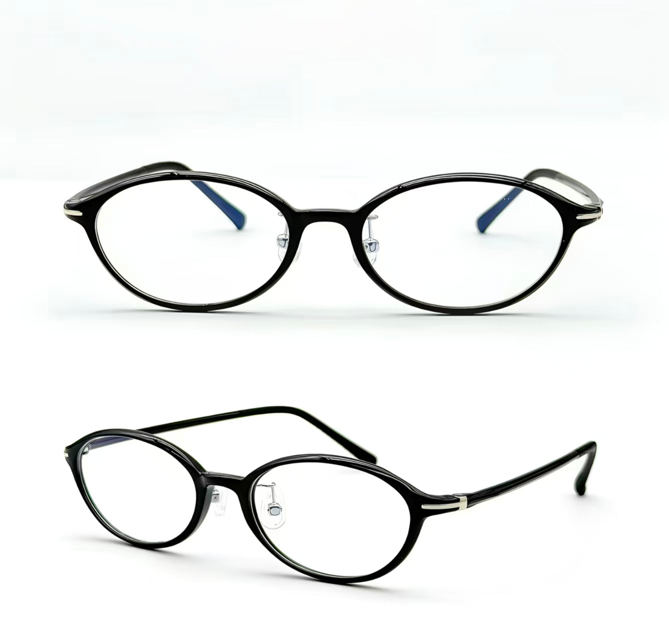 Glossy Black TR90 small-fit oval full-rim glasses, front and 45-degree product views