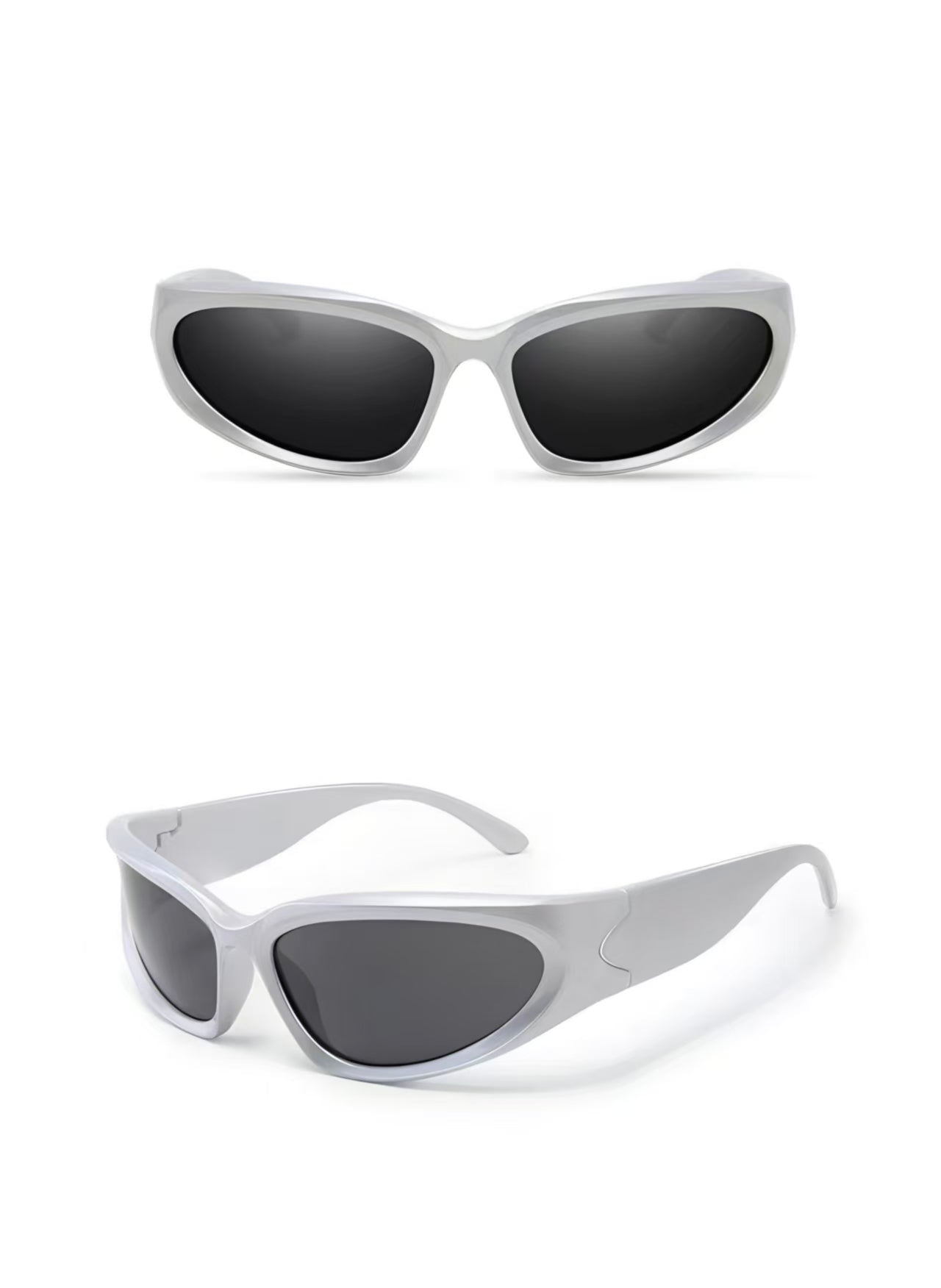 Silver&Black full-rim narrow wraparound polycarbonate sunglasses, front and three-quarter views