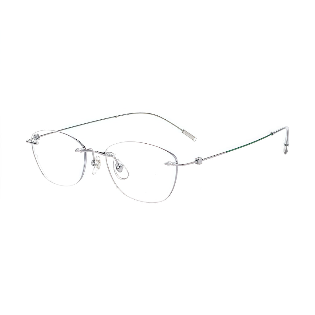 Silver/Teal titanium rimless glasses, 45-degree product view