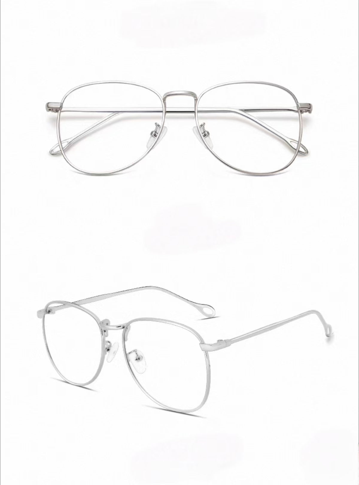 Silver men's retro oversized alloy full-rim glasses, original front and 45-degree composite detail
