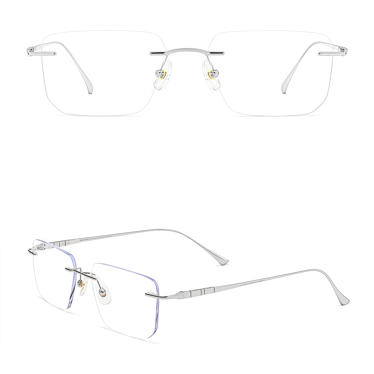 Silver men's rectangular titanium blend rimless glasses, product view