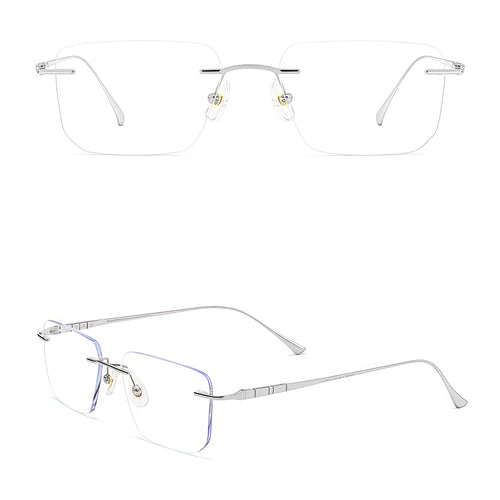 Silver men's rectangular titanium blend rimless glasses, product view
