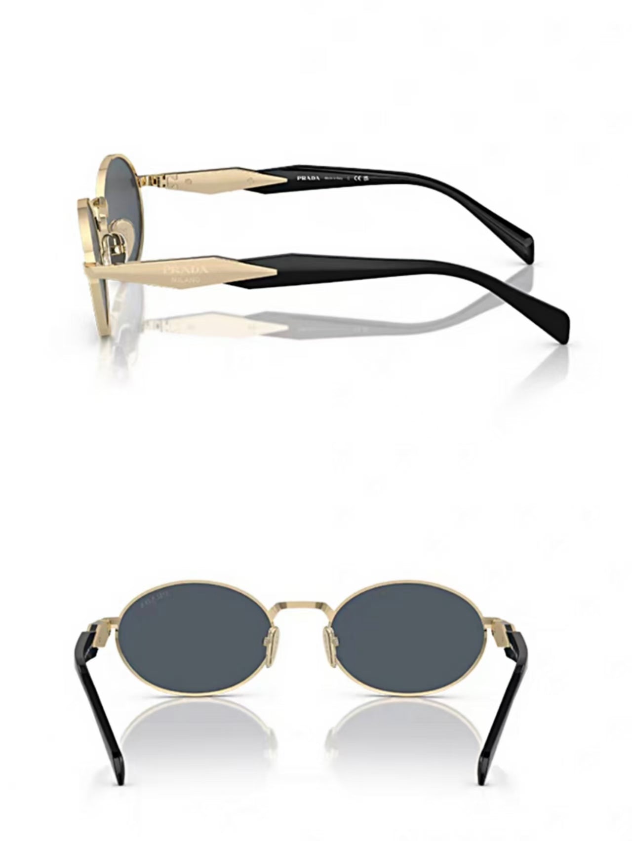 Dark Gray Prada Women's Acetate-Metal Oval Sunglasses, side profile and front product views