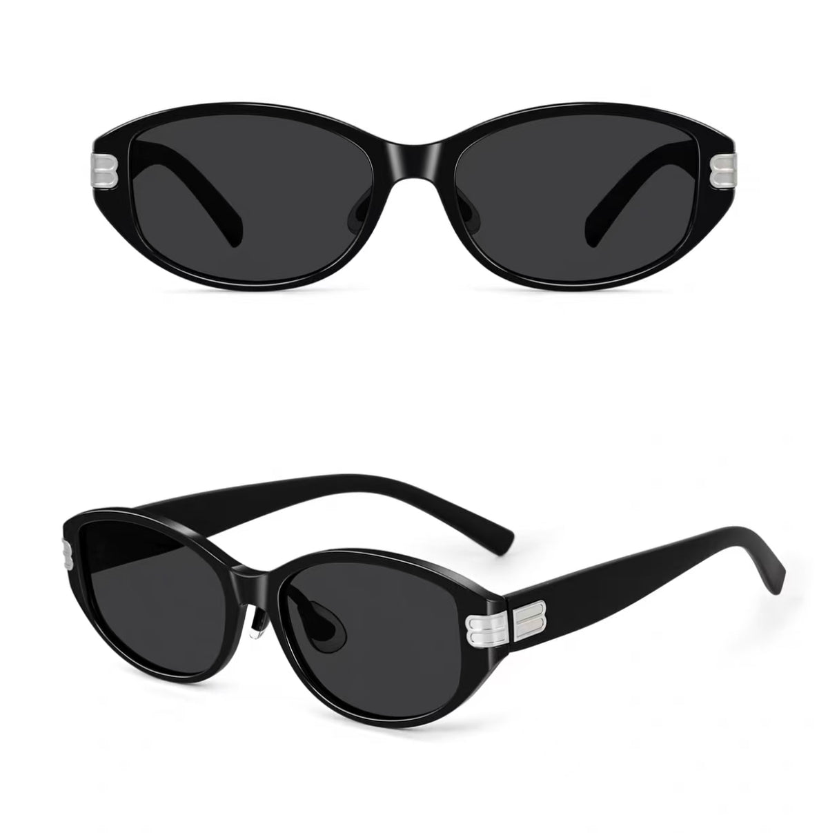 Women’s Matte Black full-rim cat-eye sunglasses, front and three-quarter views