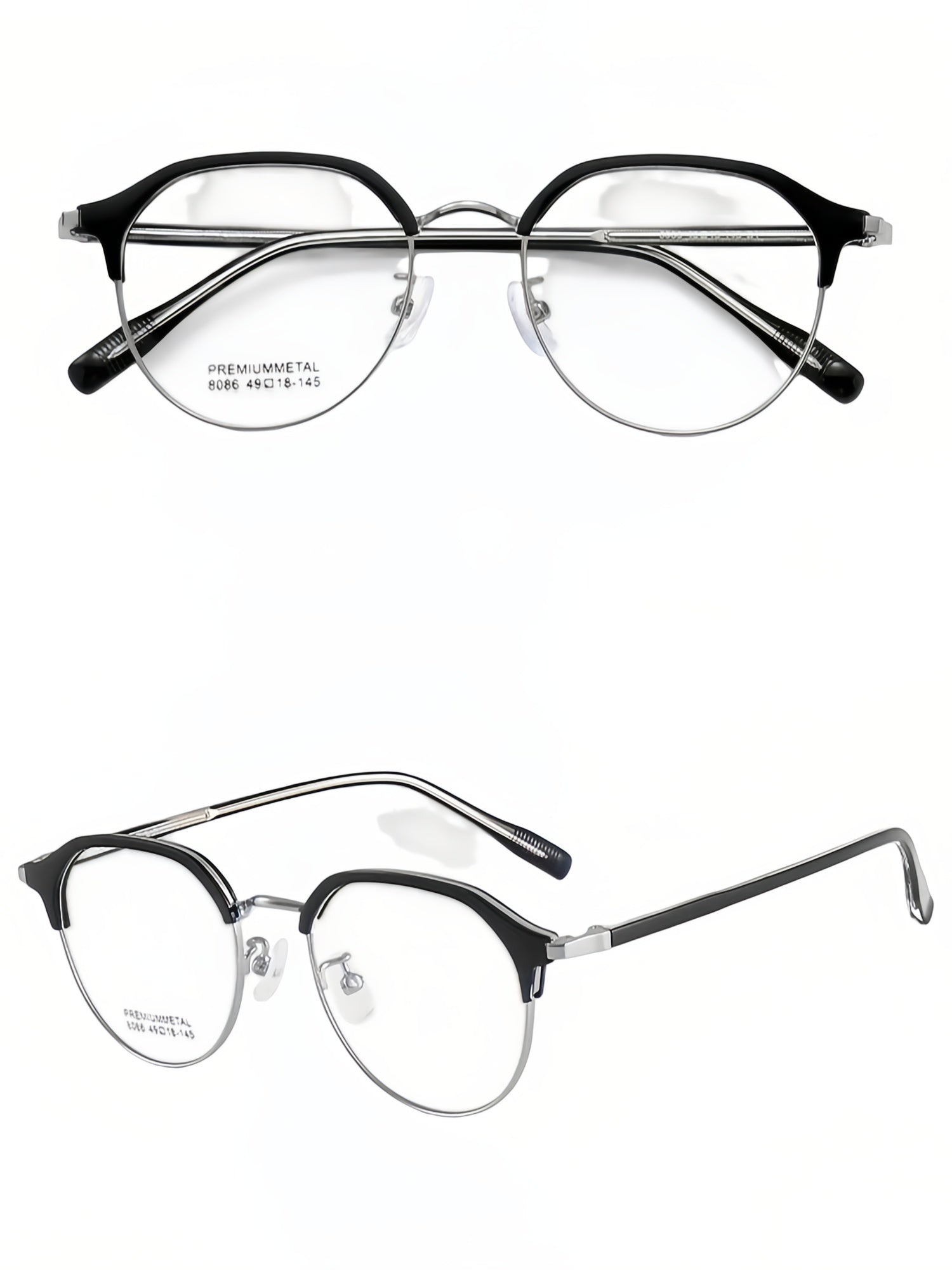 Black and Gunmetal vintage semi-rimless browline glasses, original front and 45-degree views