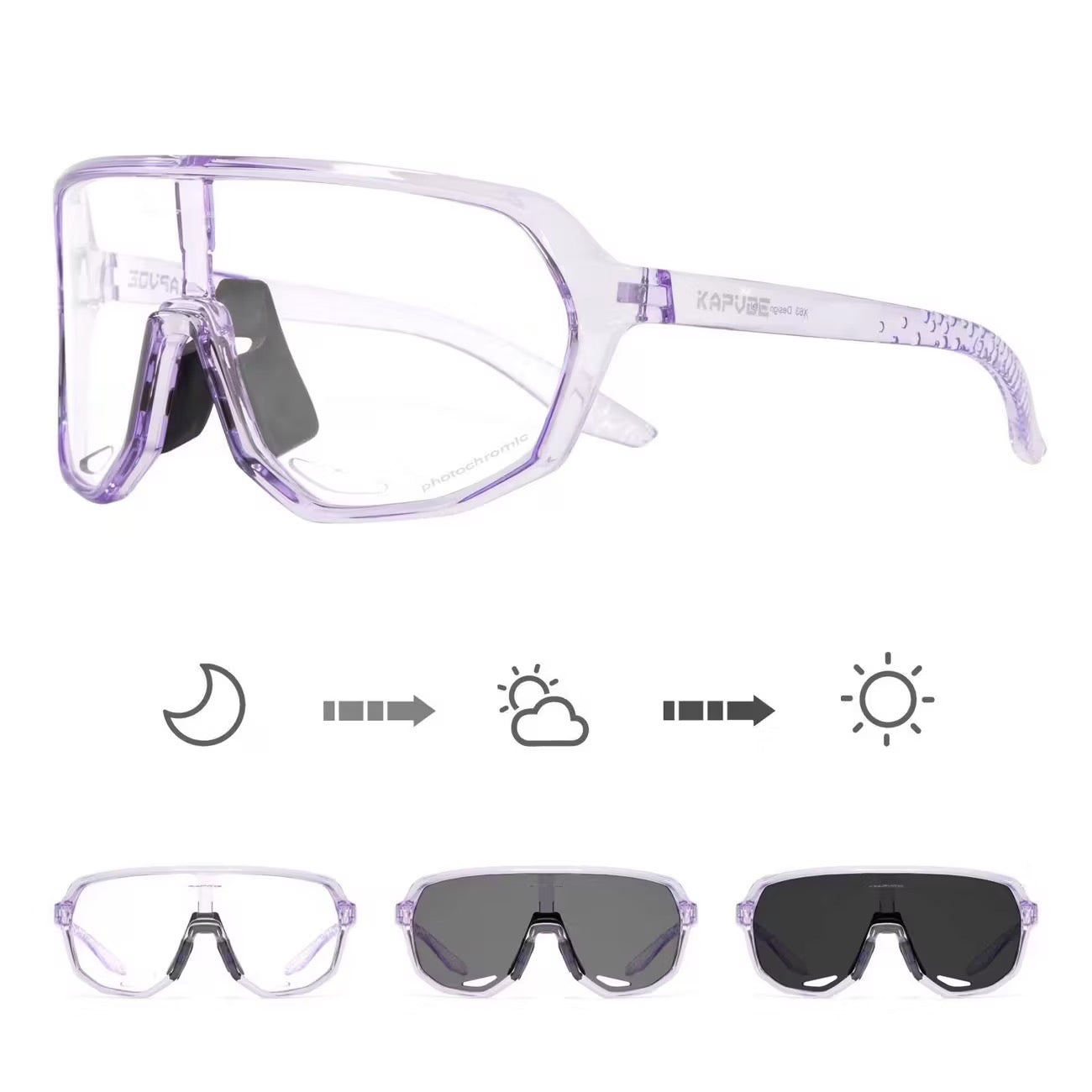 Crystal Light Purple Frame/Photochromic Grey Lens unisex tr90 wraparound rectangle sunglasses, detail-01 view
