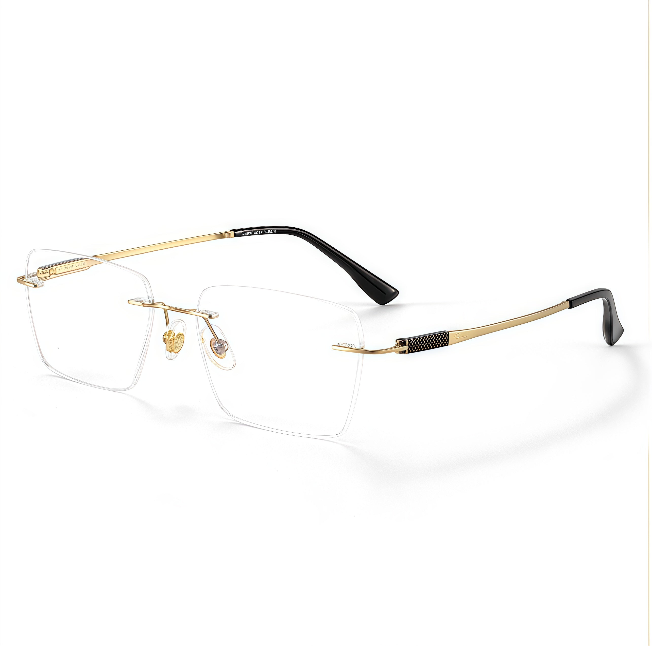 Gold men's titanium rimless slim rectangular eyeglass frames, product view