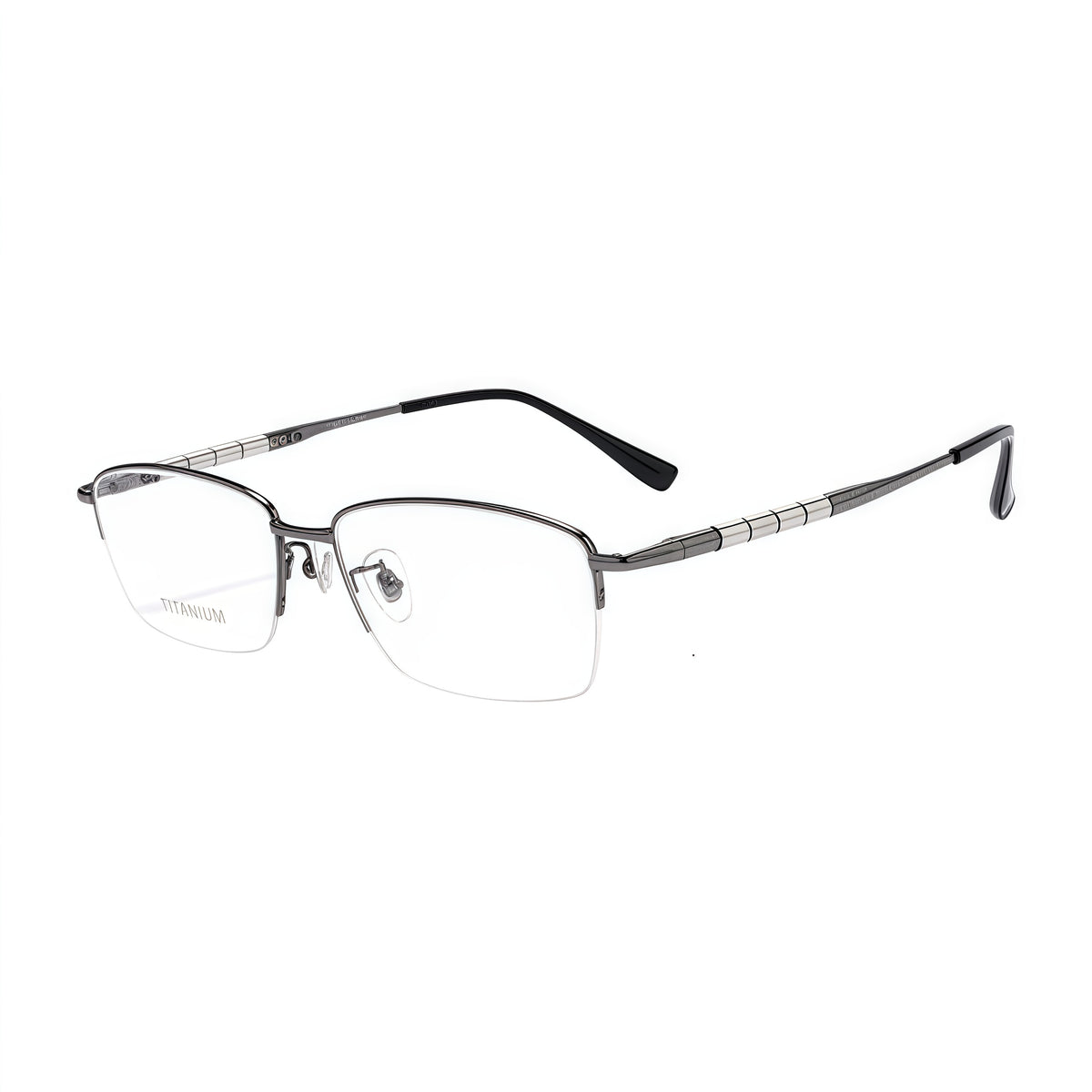 Gunmetal men's semi-titanium rectangular semi-rimless glasses, 45-degree product view