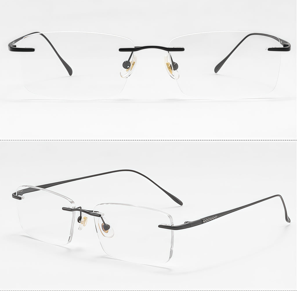 Black unisex pure titanium rectangular rimless eyeglass frames, product views
