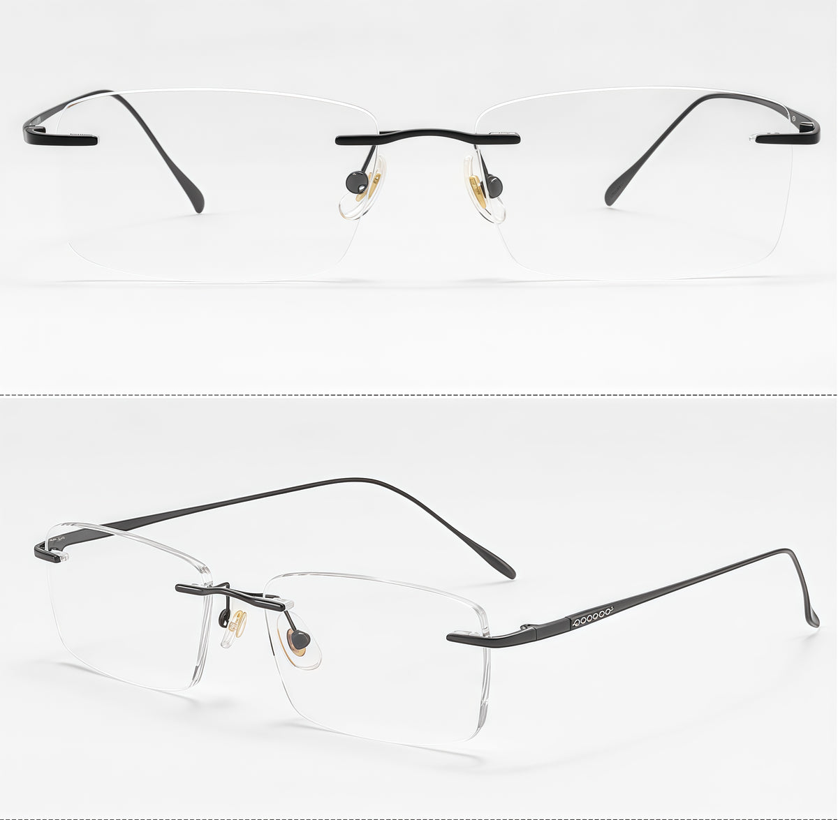 Black unisex pure titanium rectangular rimless eyeglass frames, product views