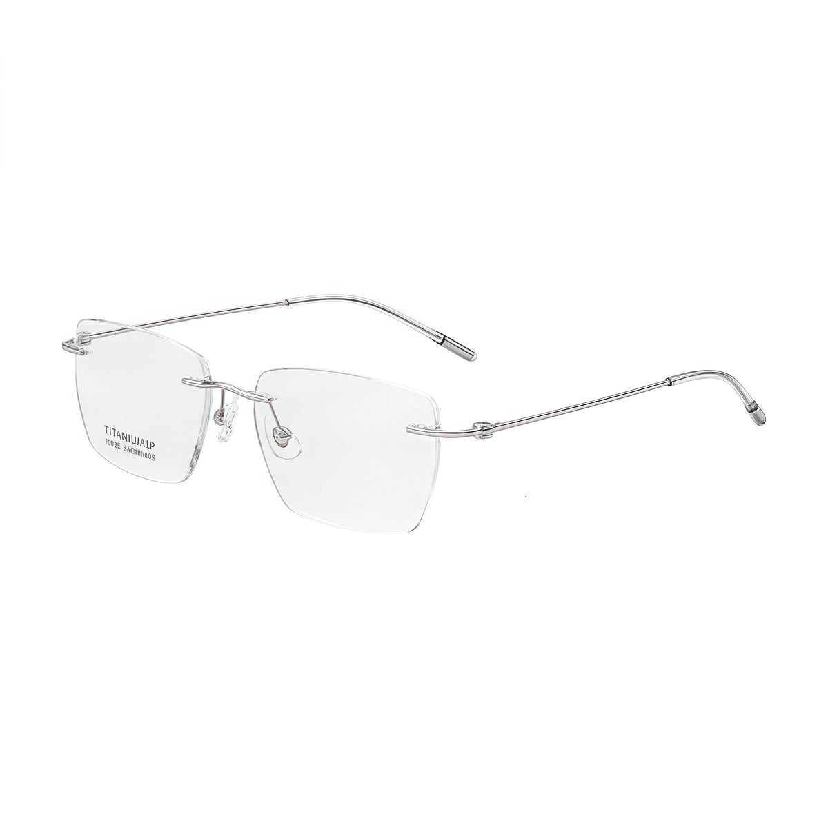 Silver unisex pure titanium rectangular rimless eyeglasses, 45-degree view