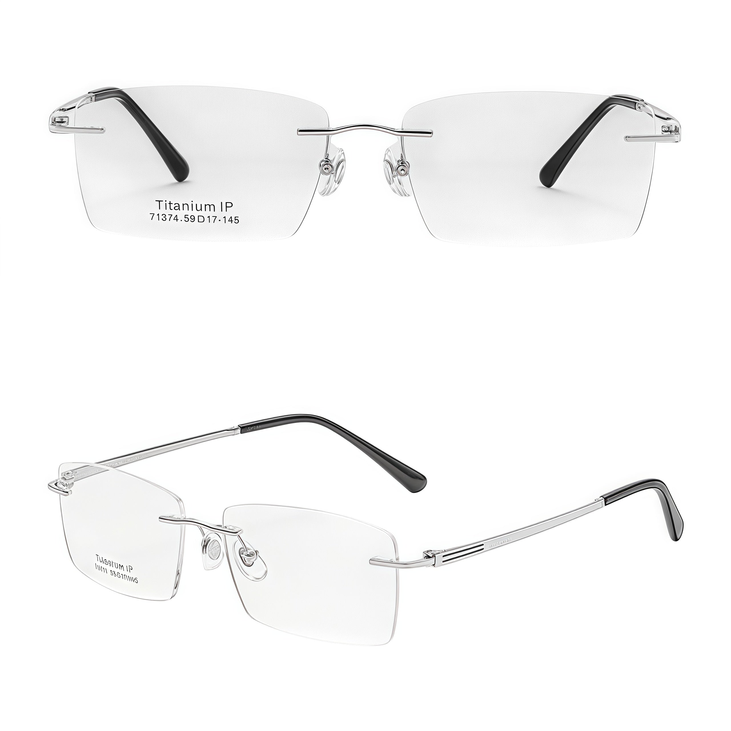 Silver men's pure-titanium rimless double-slot glasses, front and 45-degree composite