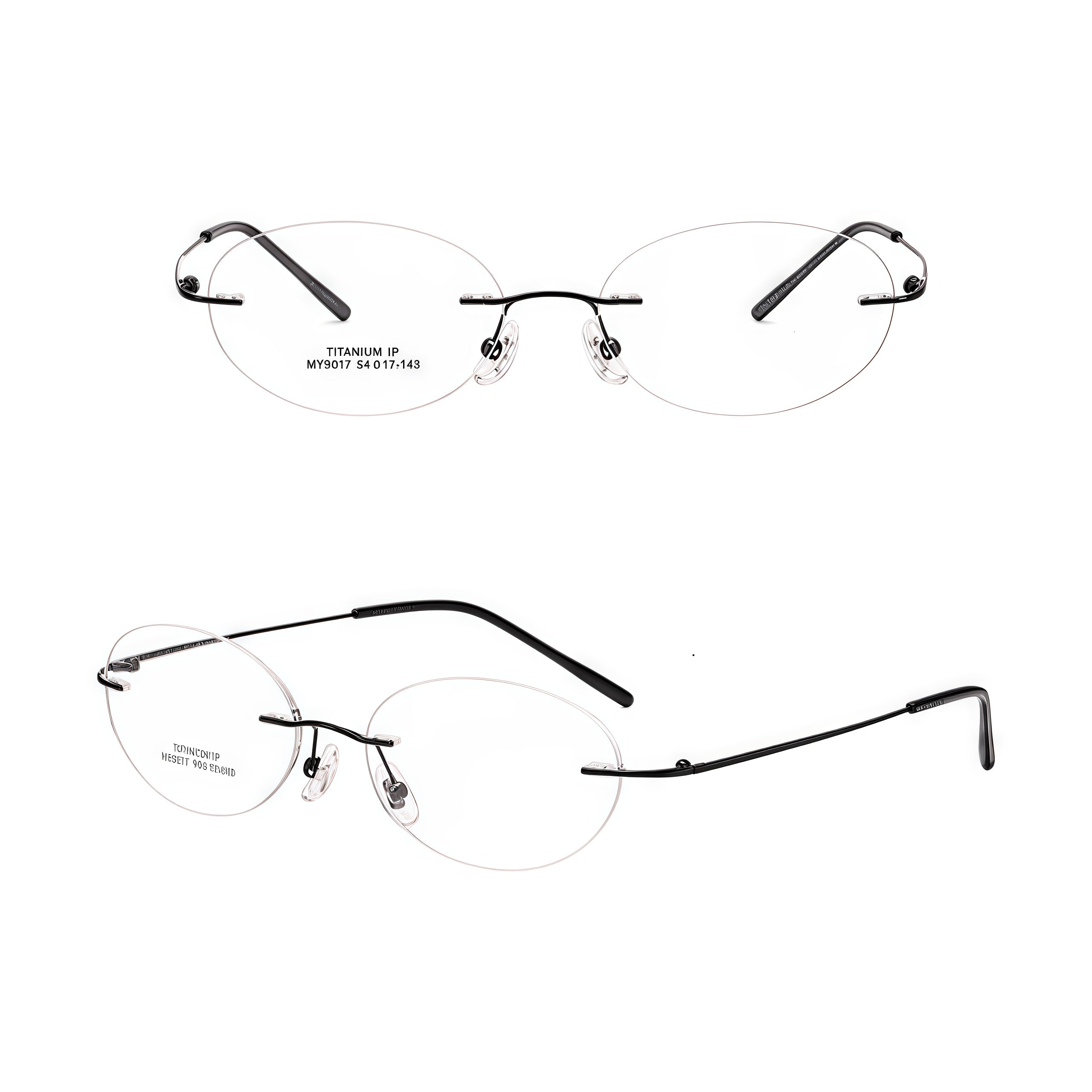 Black women's titanium rimless oval glasses, supplier front and three-quarter views