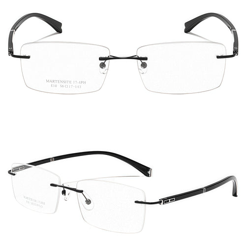 Black men's alloy rimless rectangular double-slot-temple glasses, supplier composite detail