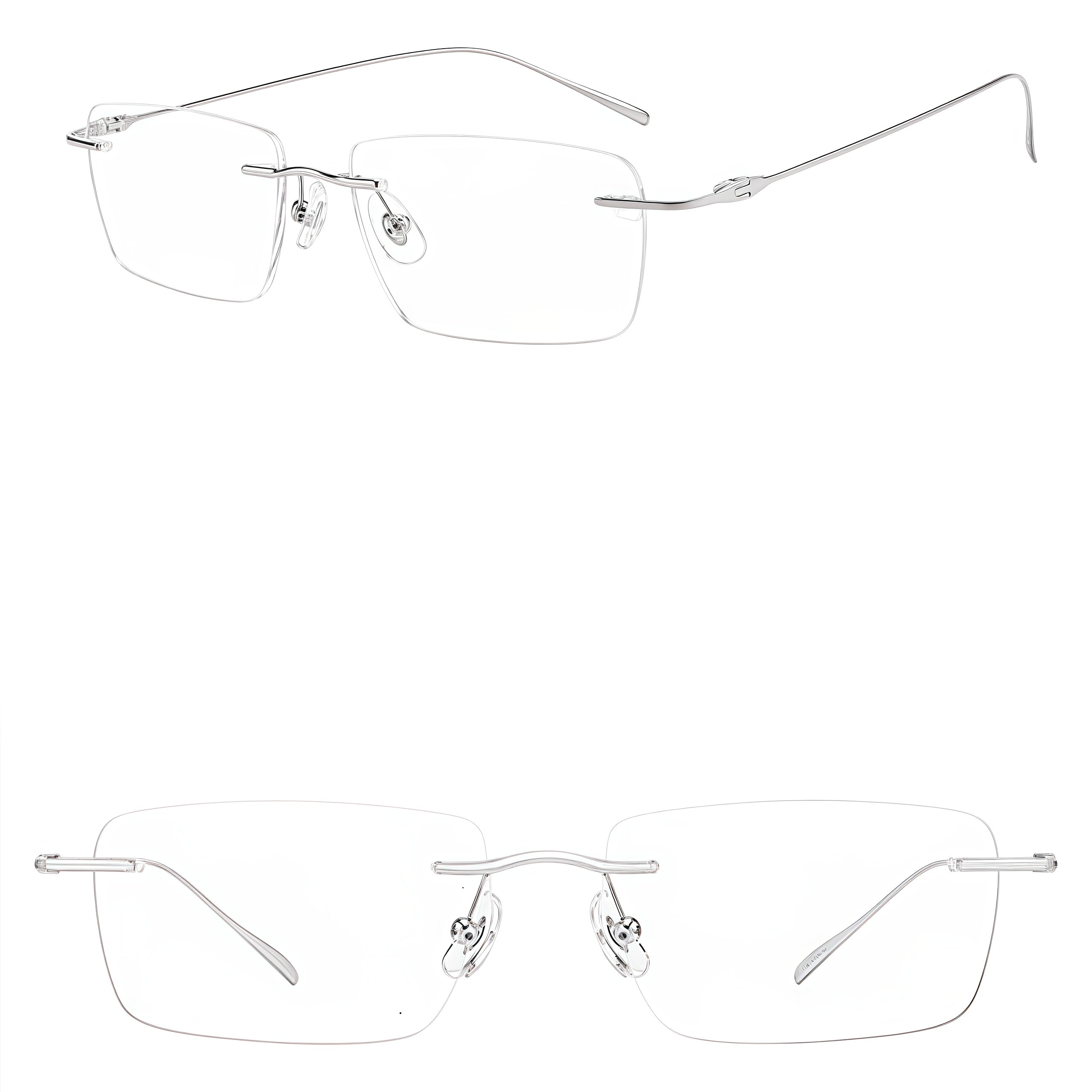 Silver unisex titanium rimless sculpted-hinge glasses, front and 45-degree composite