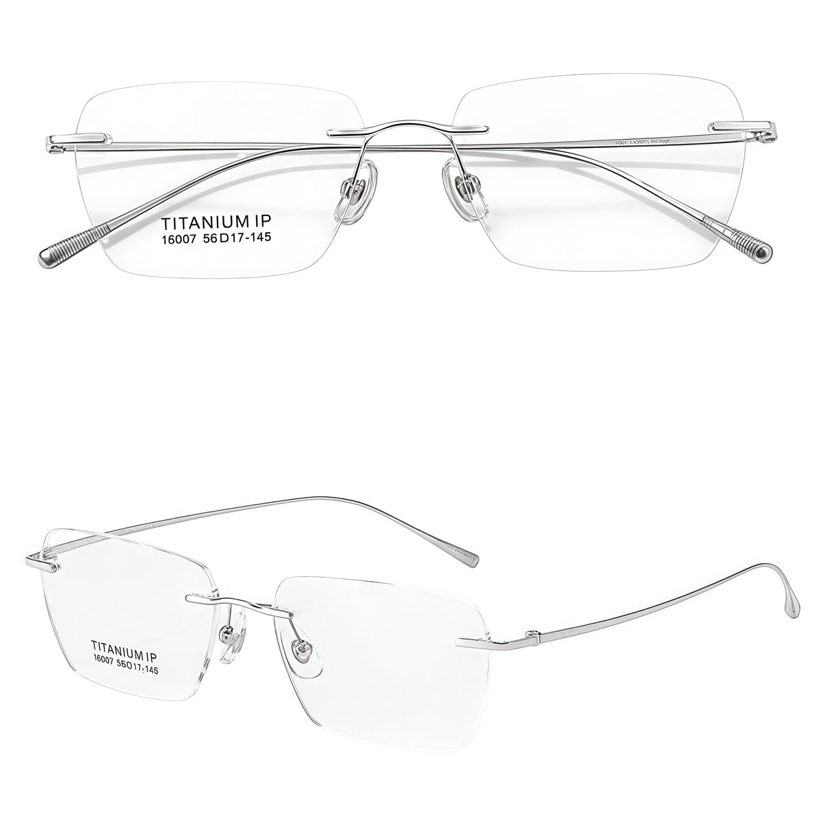 Silver pure titanium rimless eyeglasses in front and 45-degree product views