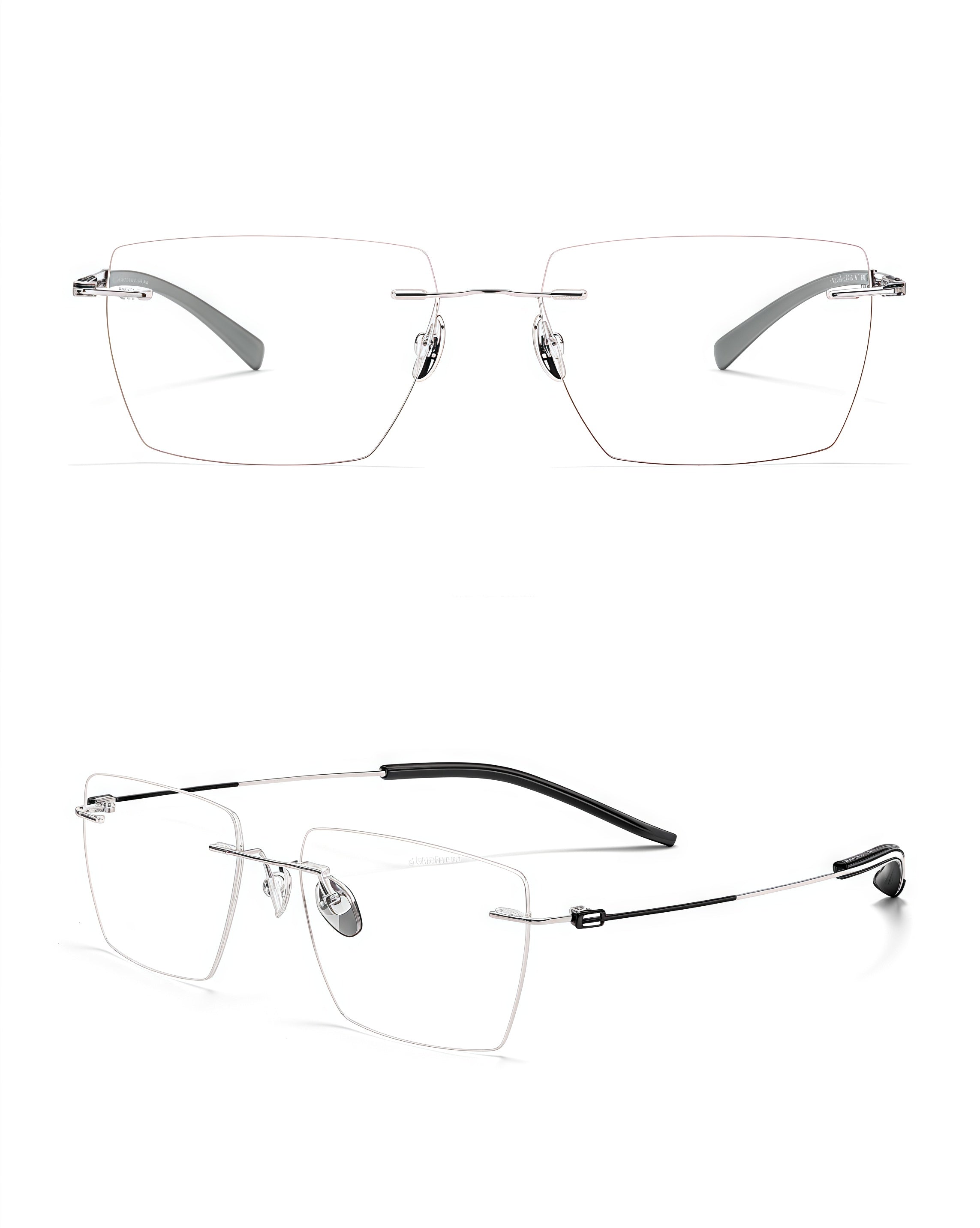 Silver/Black unisex titanium alloy rimless large geometric rectangular glasses, supplier front and three-quarter views