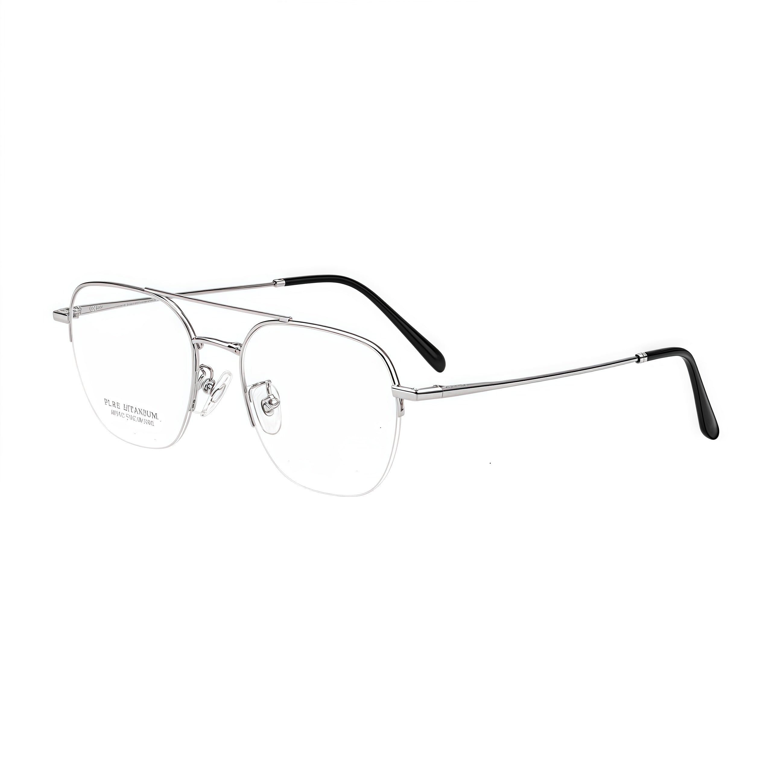 Silver unisex pure titanium double-bridge semi-rimless glasses, 45-degree product view