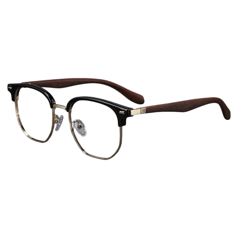 Black/Gold men's vintage TR and alloy semi-rimless glasses, 45-degree product view