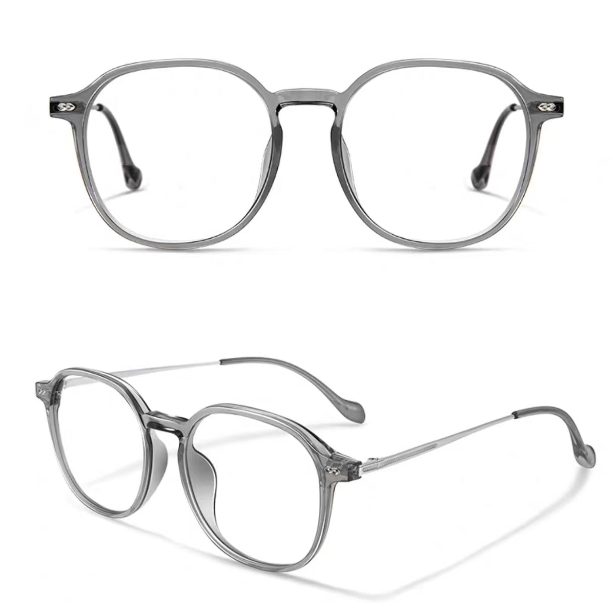Crystal Gray women's oversized TR90 and titanium full-rim glasses, original front and 45-degree composite detail