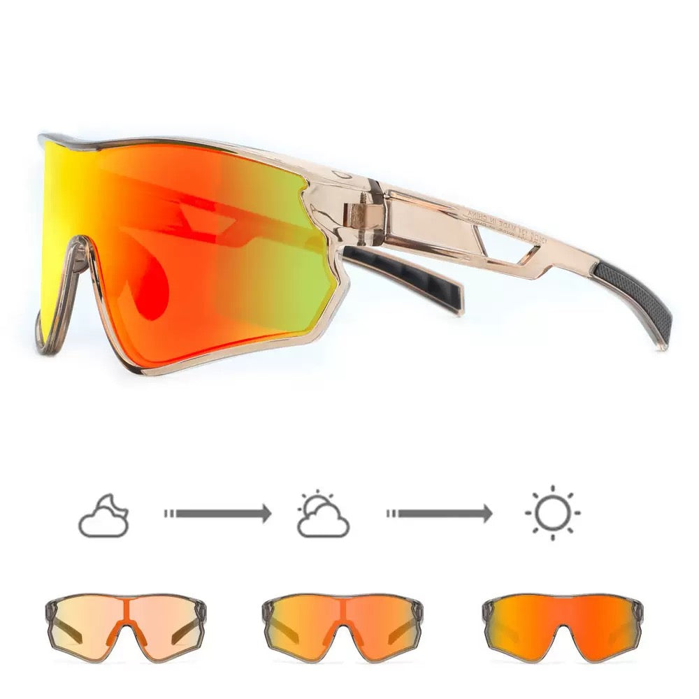 Crystal Antique Bronze Frame/Photochromic Red Mirror Lens unisex tr wraparound shield sunglasses, 45-degree view