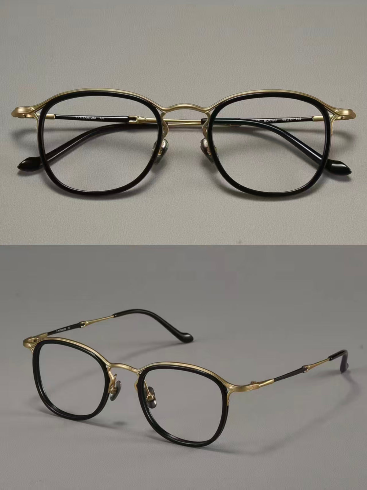 Black & Gold men's titanium-acetate full-rim round-square glasses, supplier composite detail