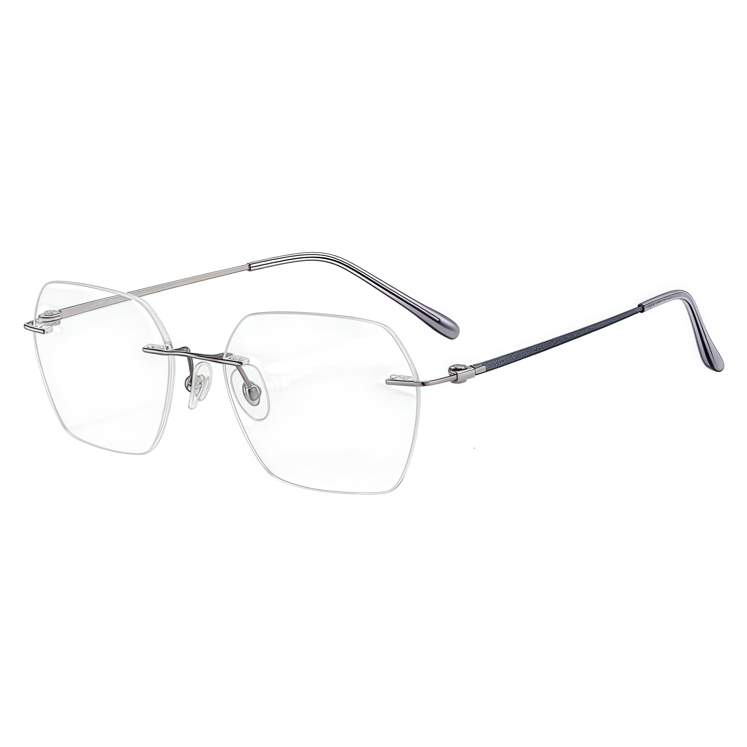 Gunmetal Blue rimless geometric rectangular pure titanium eyeglass frames, supplier front and angle reference