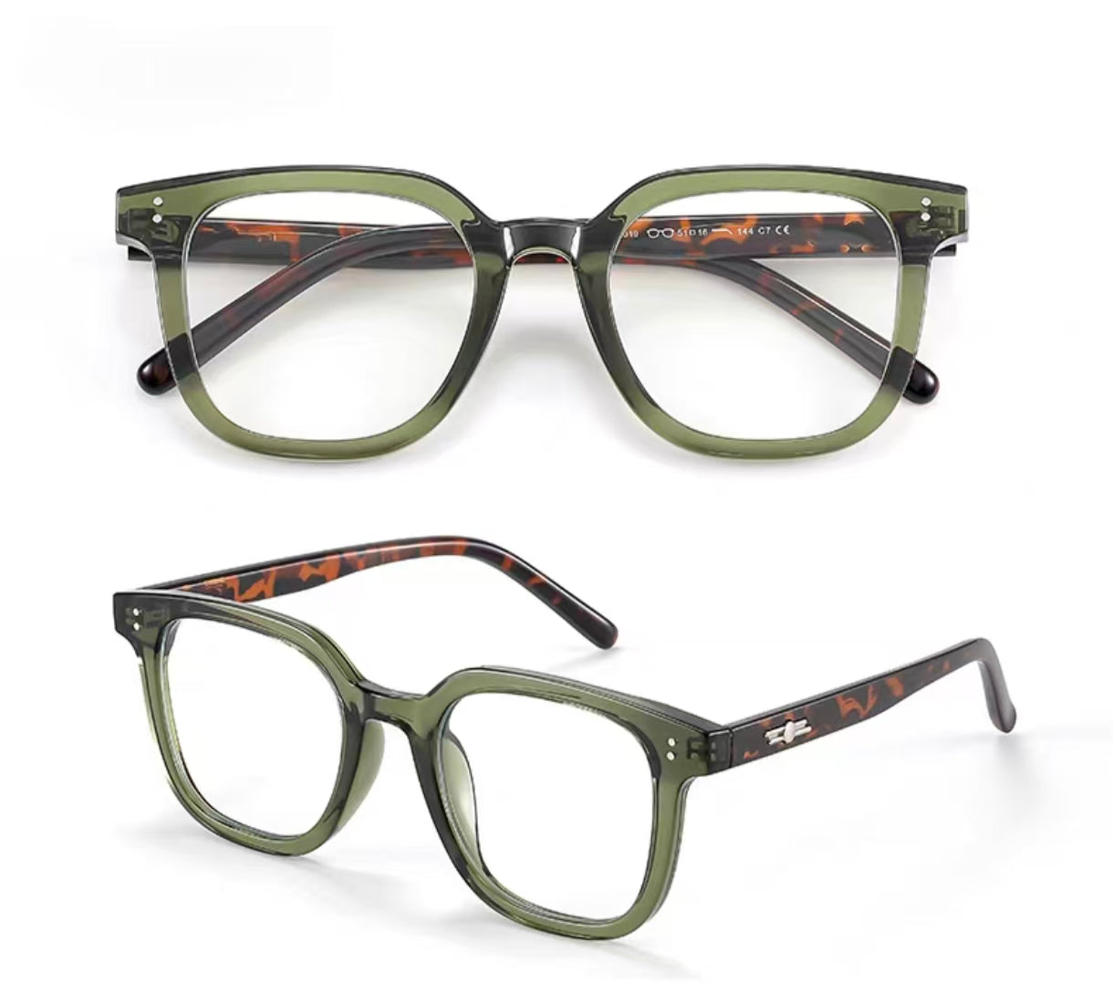 Olive Green TR90 intellectual oversized rounded-square full-rim glasses, original front and 45-degree product detail
