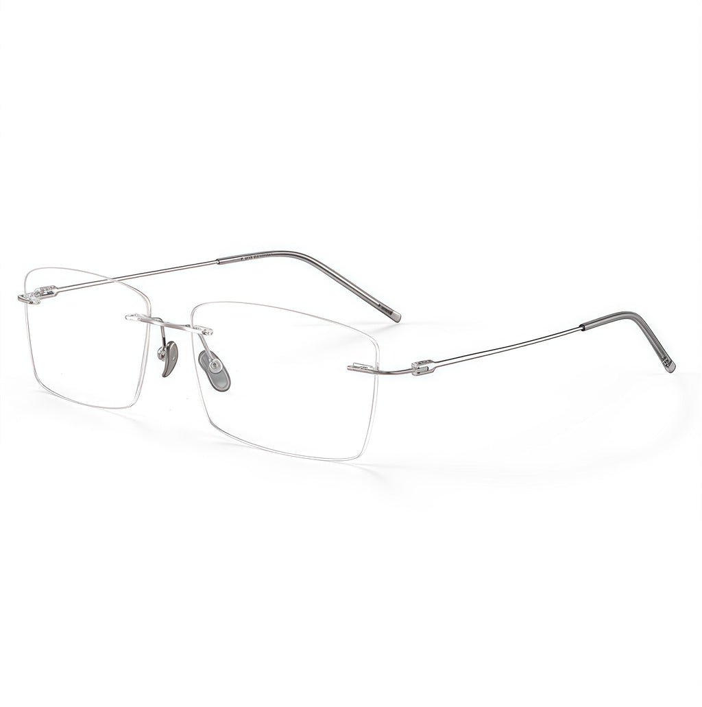 Silver rimless shallow rectangular pure titanium eyeglass frames, supplier front and angle reference