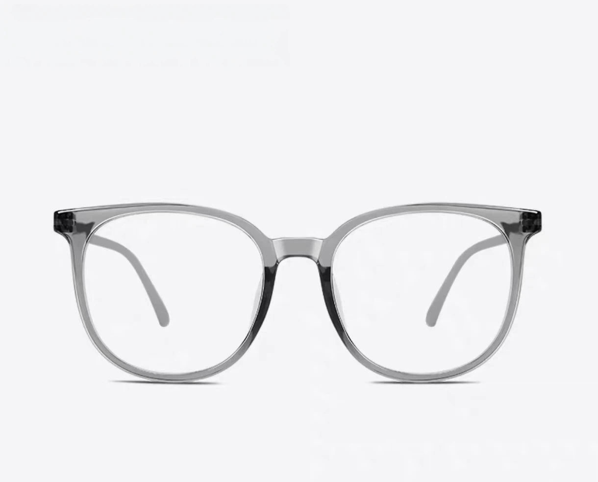 Crystal Gray oversized square full-rim eyeglass frame, front and three-quarter product views