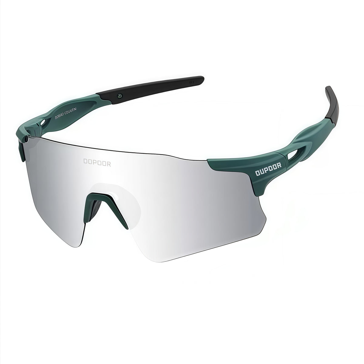 Matte Dark Green Frame/Polarized Grey Silver Lens unisex polycarbonate shield sunglasses, 45-degree view