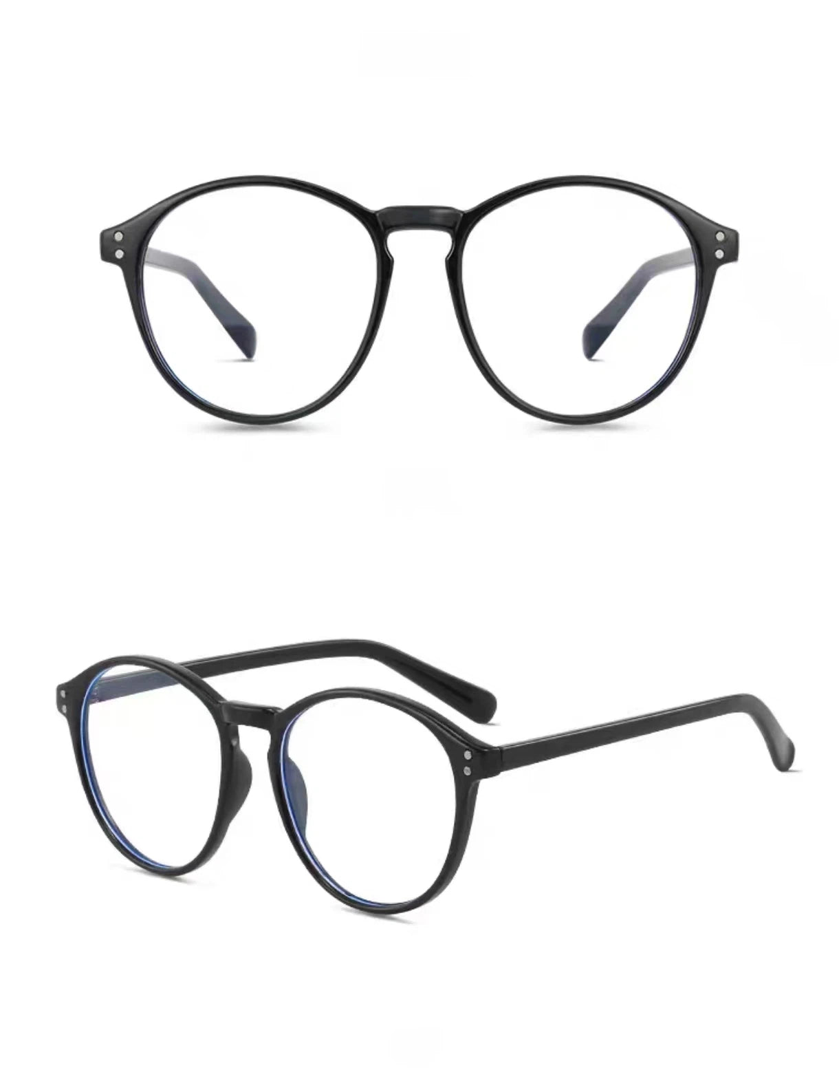 Black women's polycarbonate round-panto full-rim glasses, original front-and-45-degree composite detail