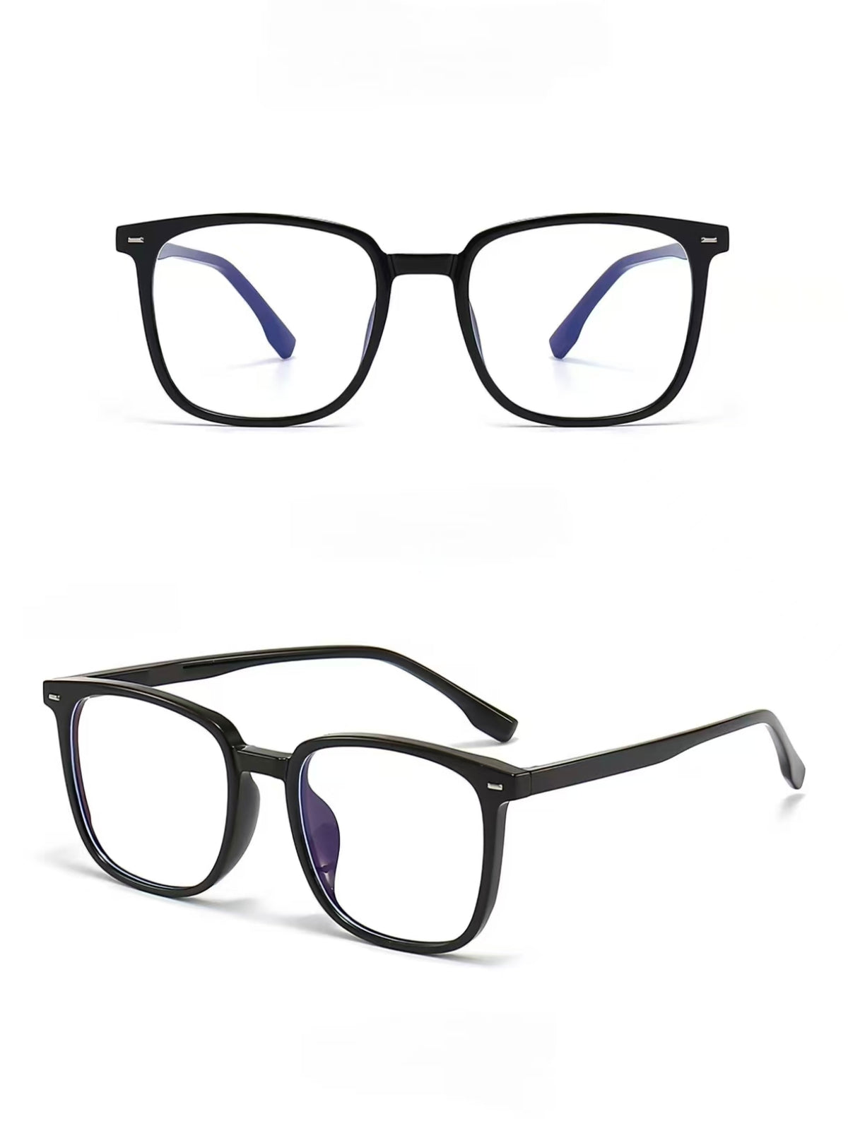 Glossy Black TR90 ultra-light softly squared full-rim glasses, original front and 45-degree product detail