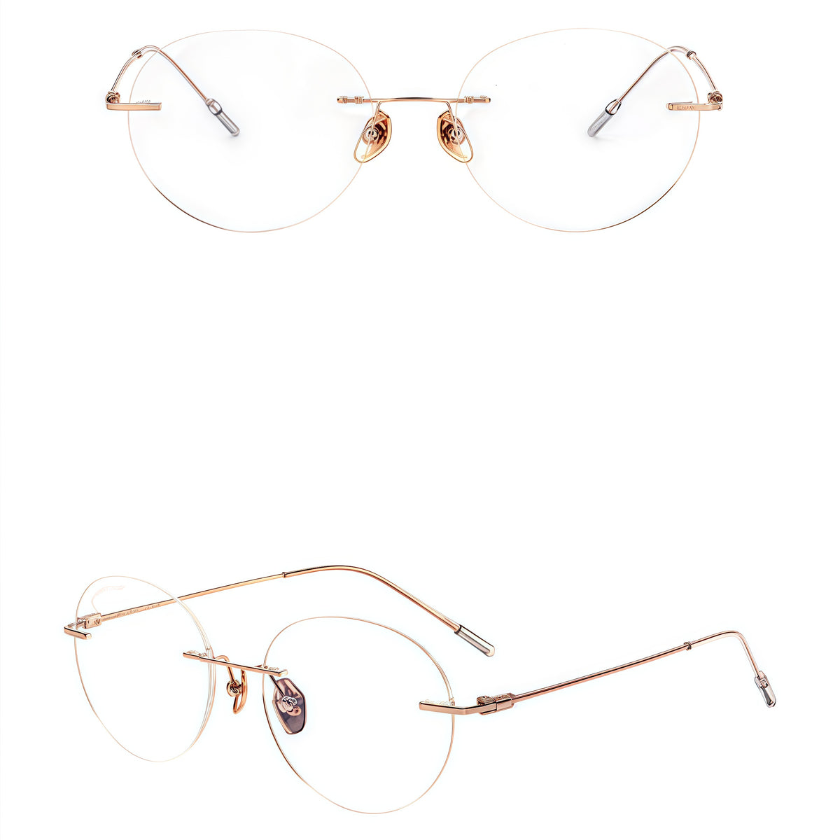 Rose Gold rimless oval titanium eyeglass frames, supplier front and angle reference