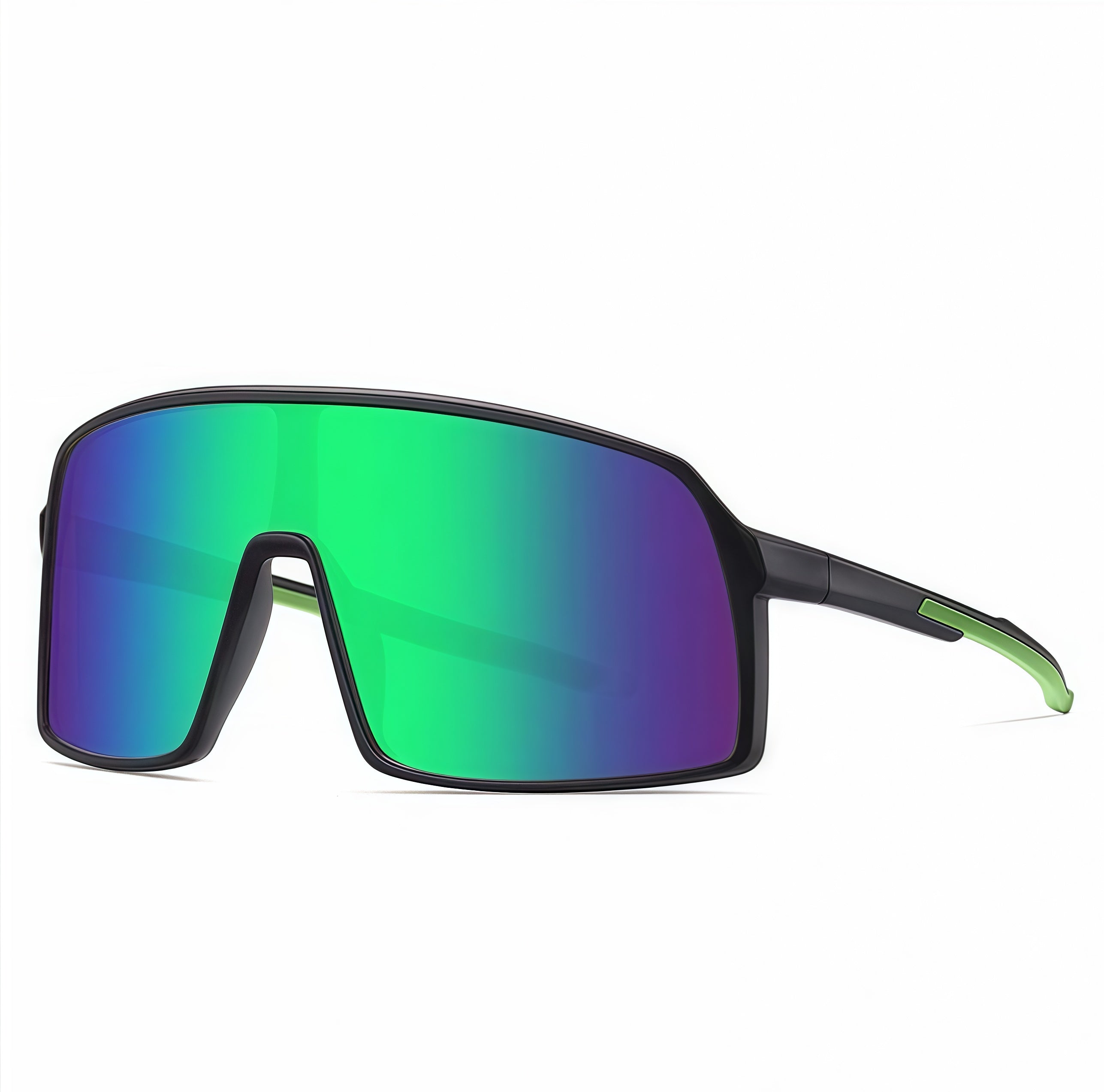 Black Frame/Green Lens unisex tr shield sunglasses, 45-degree view
