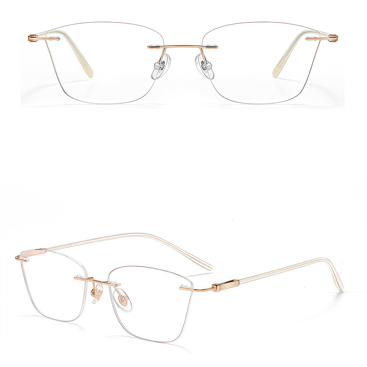 Rose Gold women's pure titanium rimless geometric eyeglass frames, product view