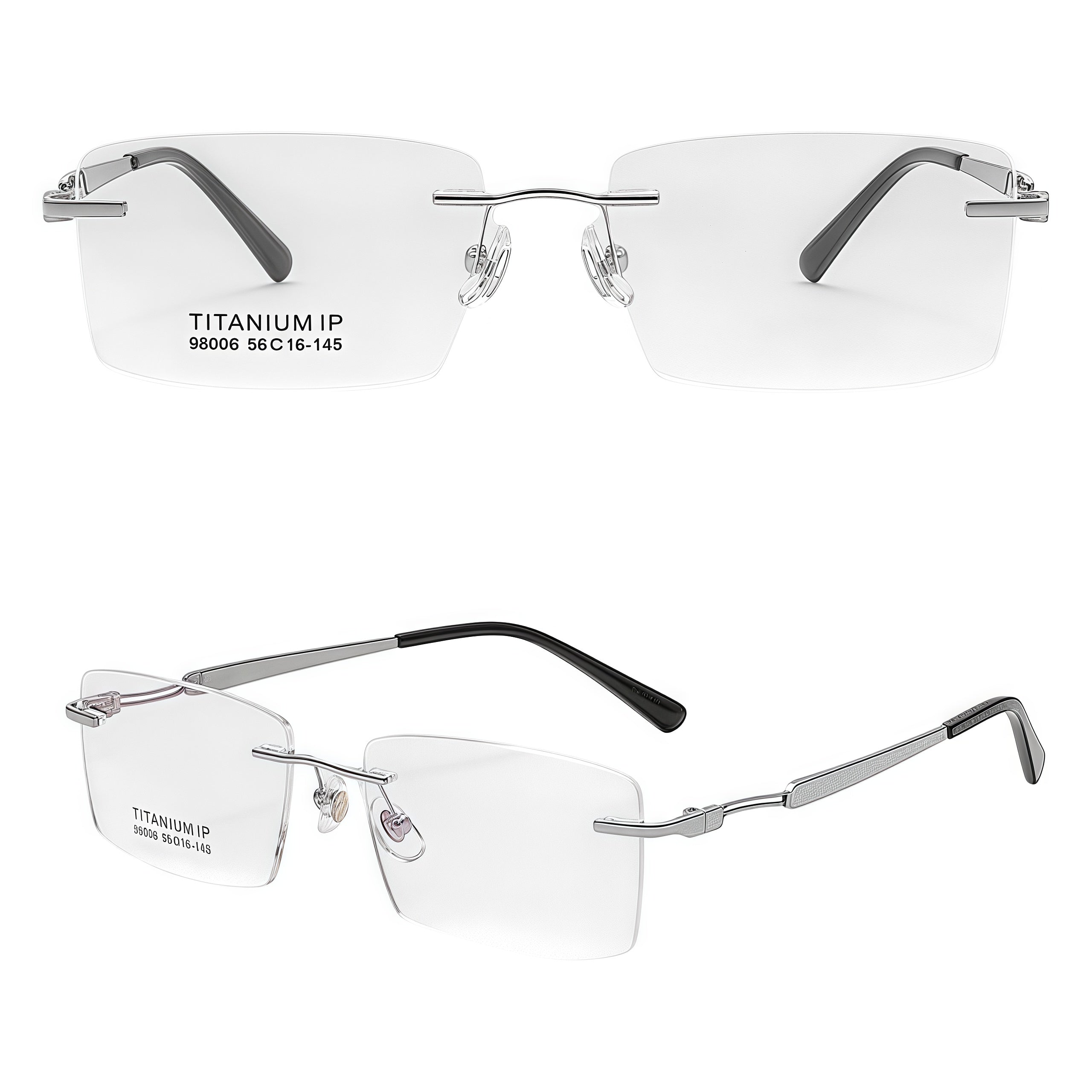 Silver men pure titanium rectangular rimless eyeglasses, 45-degree view